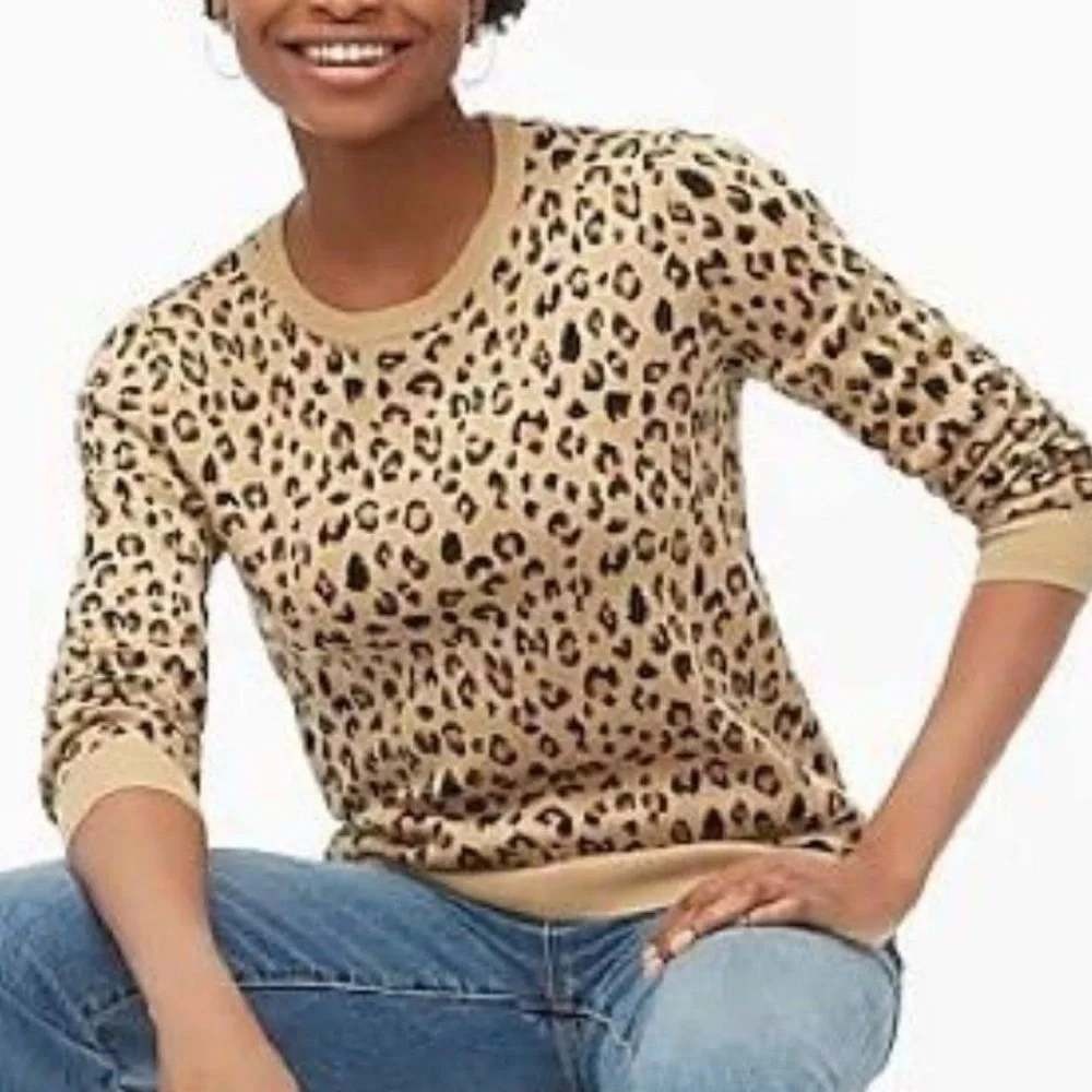 J. Crew Teddie Sweater Women XL Tan Leopard Print Cotton Crew Neck Pullover